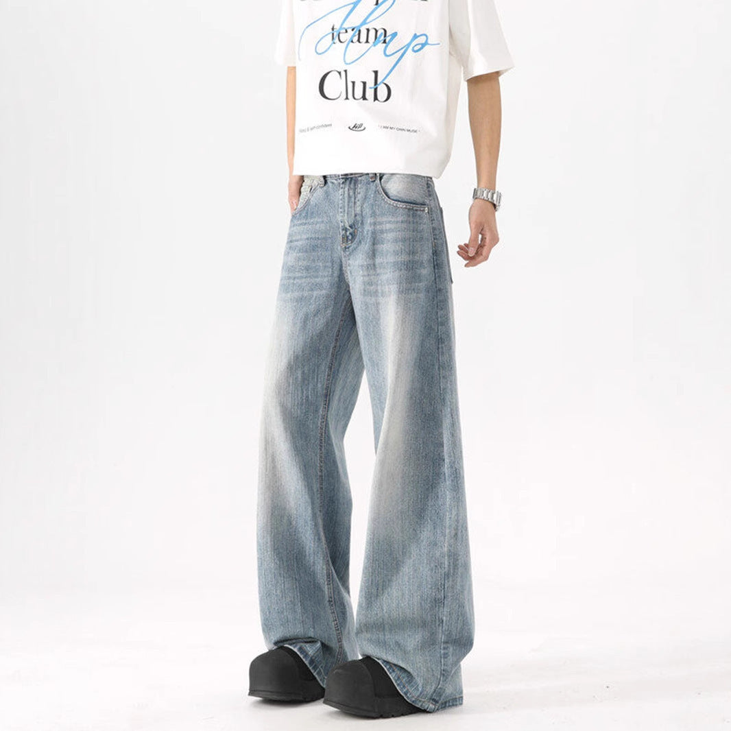 Washed Wide-Leg Denim Pants for Men