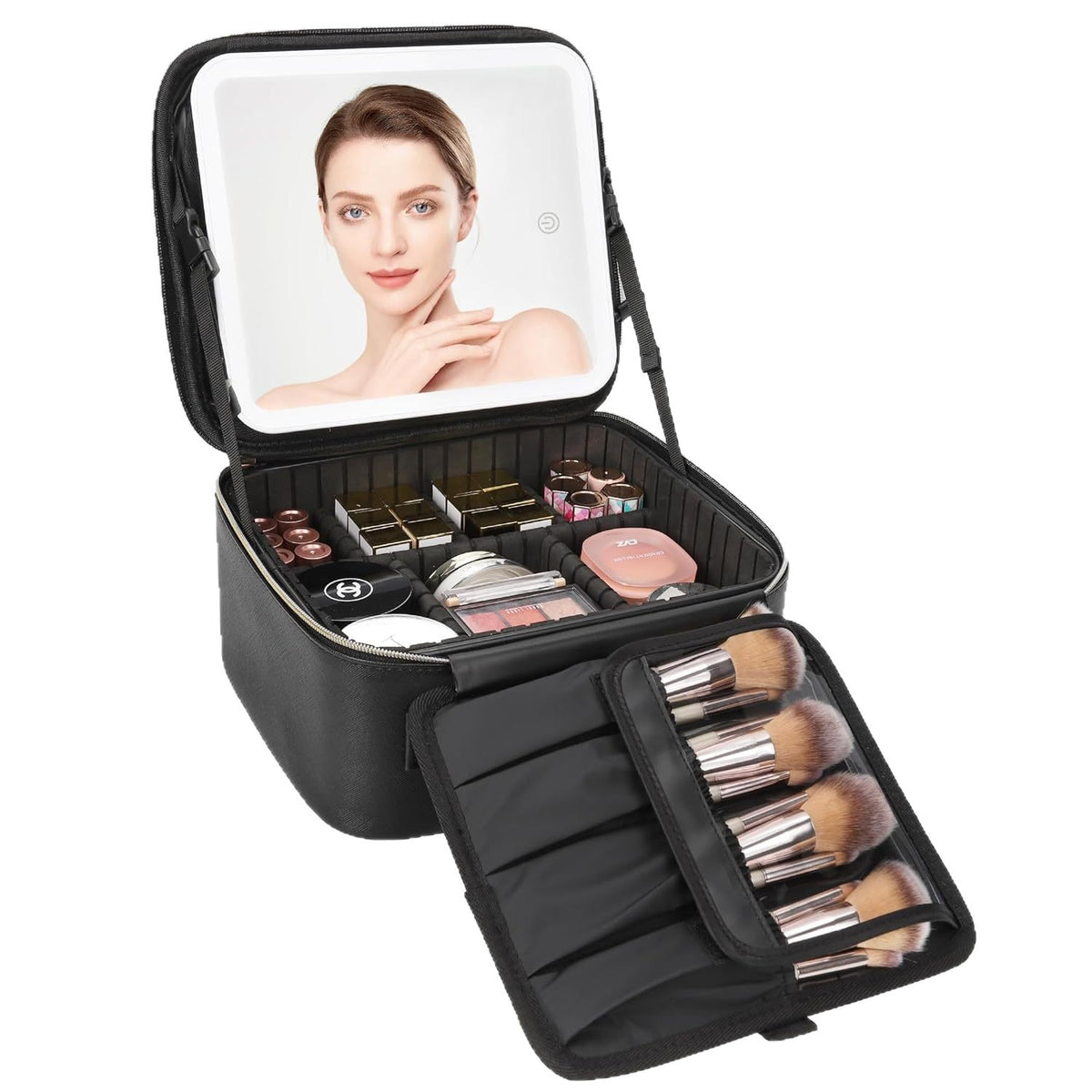 Illuminated Cosmetic Bag with Mirror and Magnifier