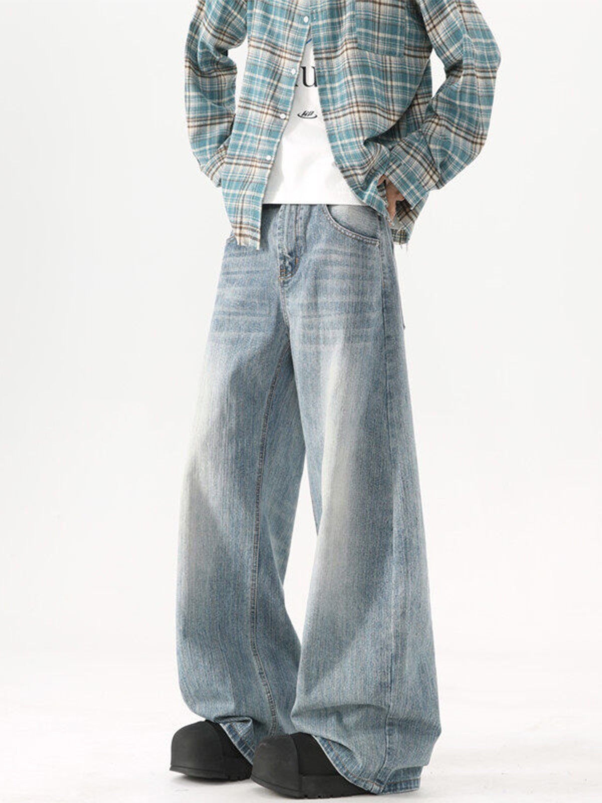 Washed Wide-Leg Denim Pants for Men