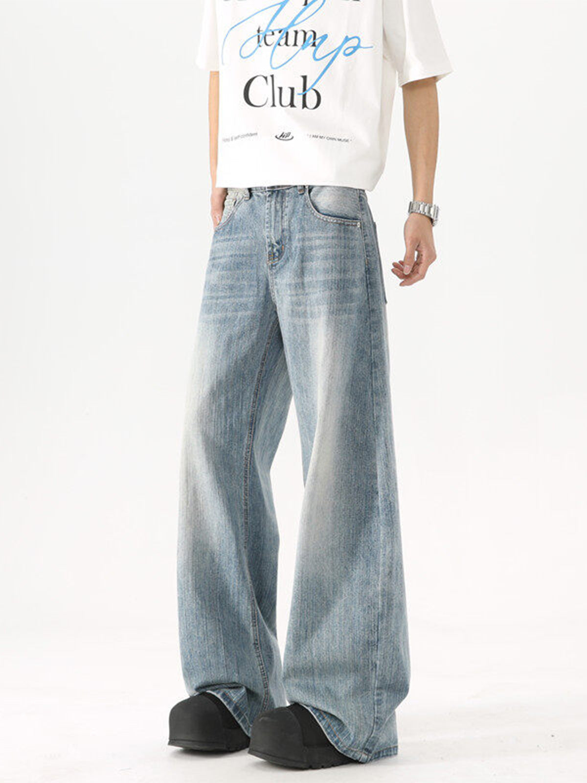 Washed Wide-Leg Denim Pants for Men