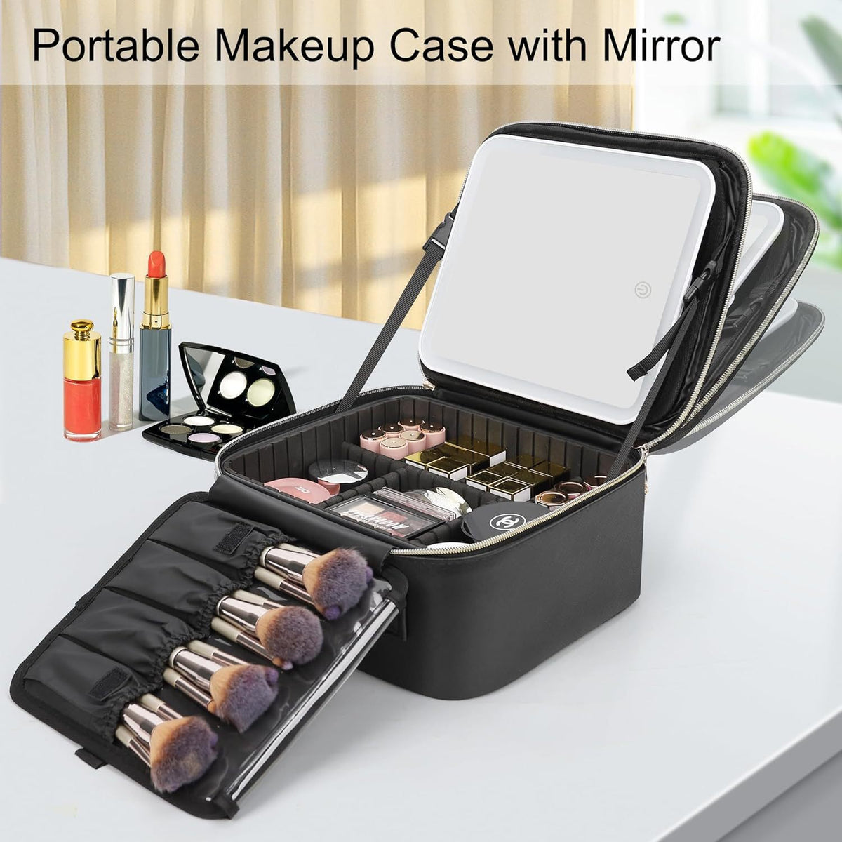 Illuminated Cosmetic Bag with Mirror and Magnifier
