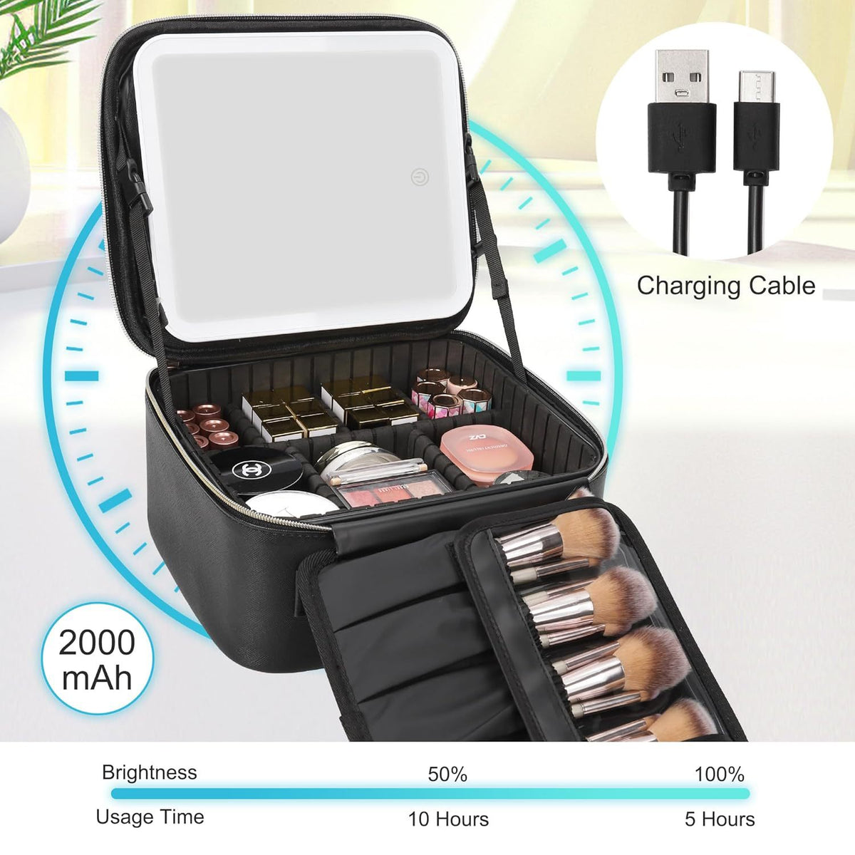 Illuminated Cosmetic Bag with Mirror and Magnifier