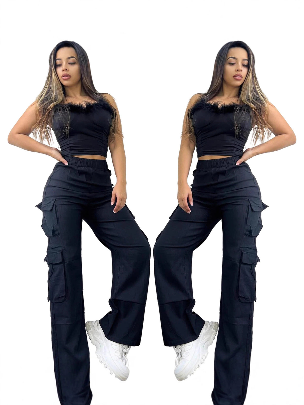 Women High-Waisted Wide-Leg Cargo Pants Multi-Pocket Casual Pants