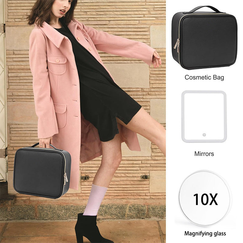 Illuminated Cosmetic Bag with Mirror and Magnifier
