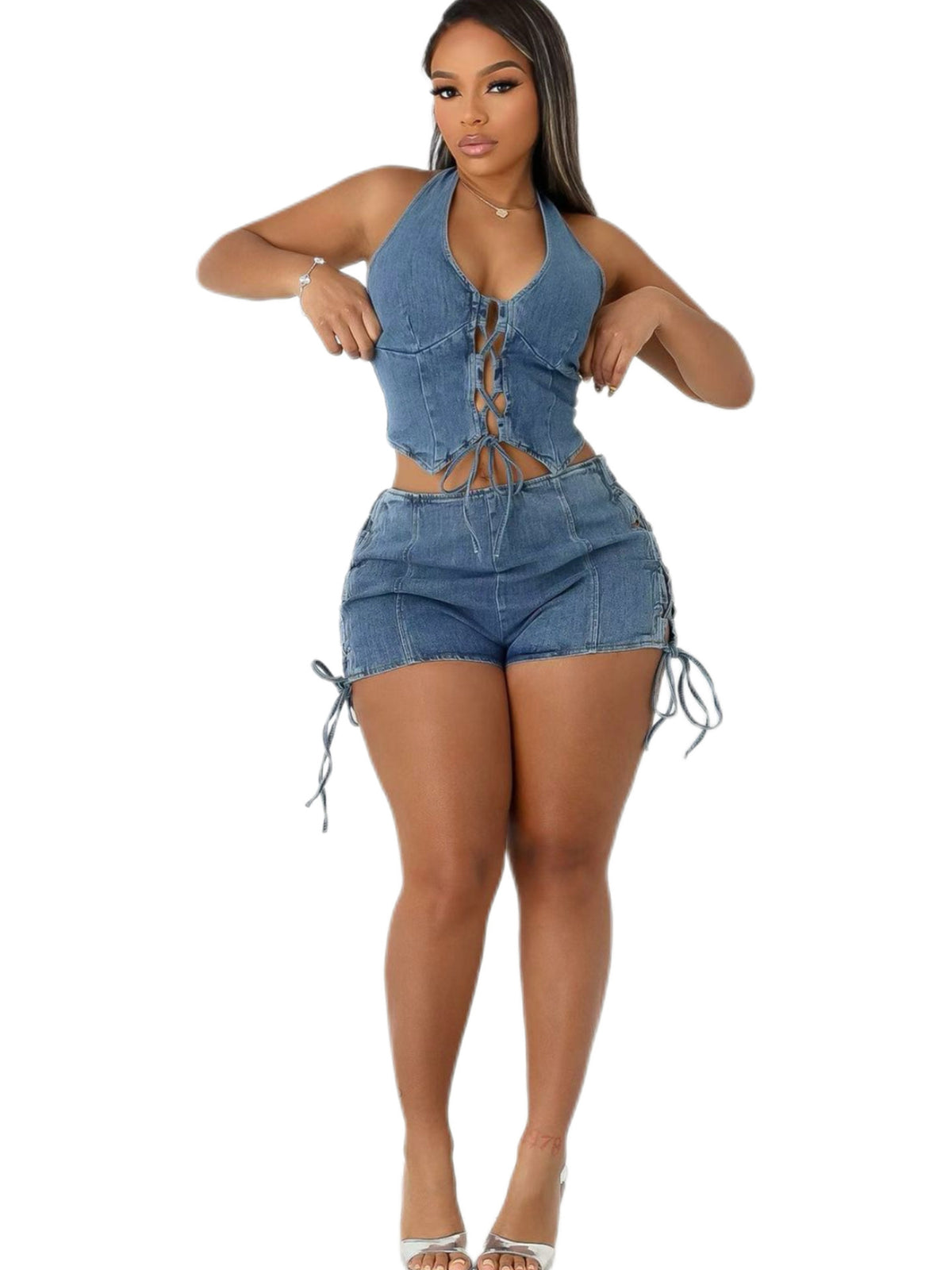 Denim Halter Neck Two-Piece Set