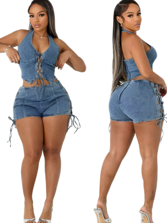 Denim Halter Neck Two-Piece Set